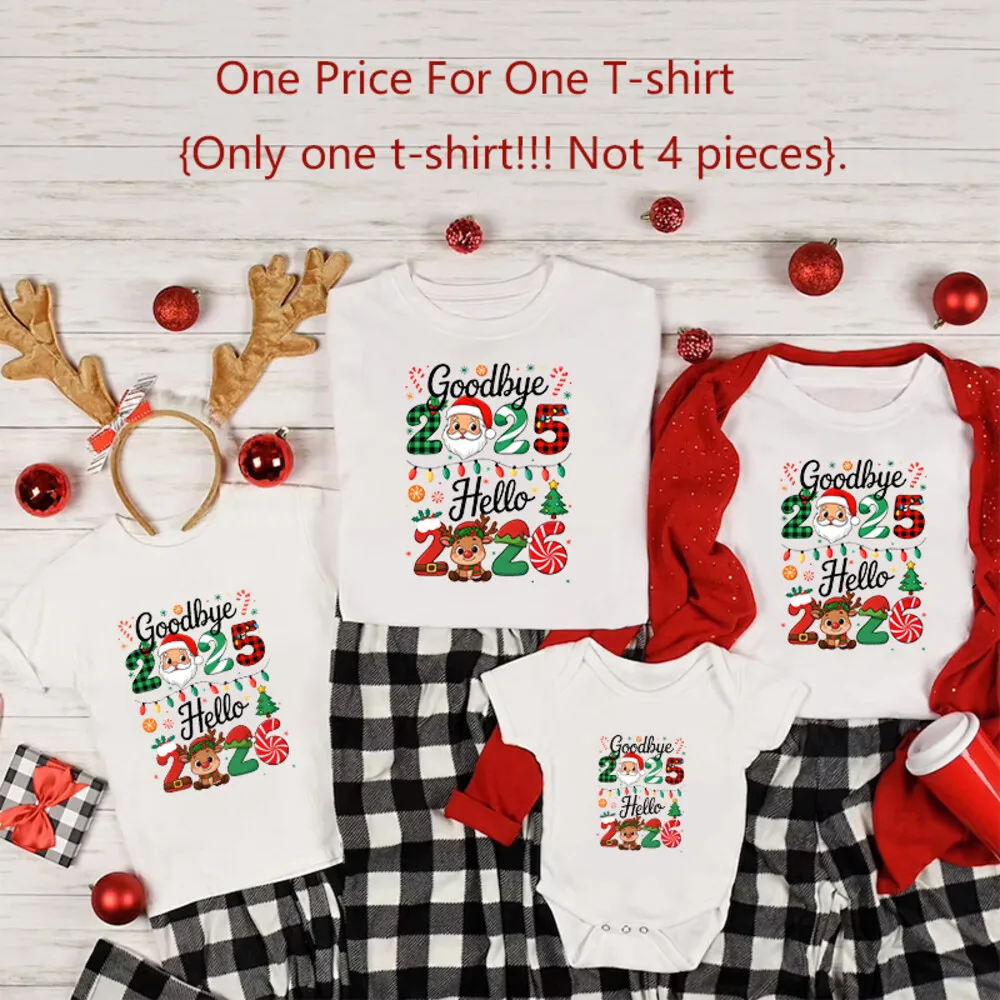 وداعا 2025 مرحبا 2026 عيد الميلاد مطابقة التي شيرت الأب الأم الابن ابنة الملابس عطلة عيد الميلاد حفلة الأسرة تي شيرت وتتسابق