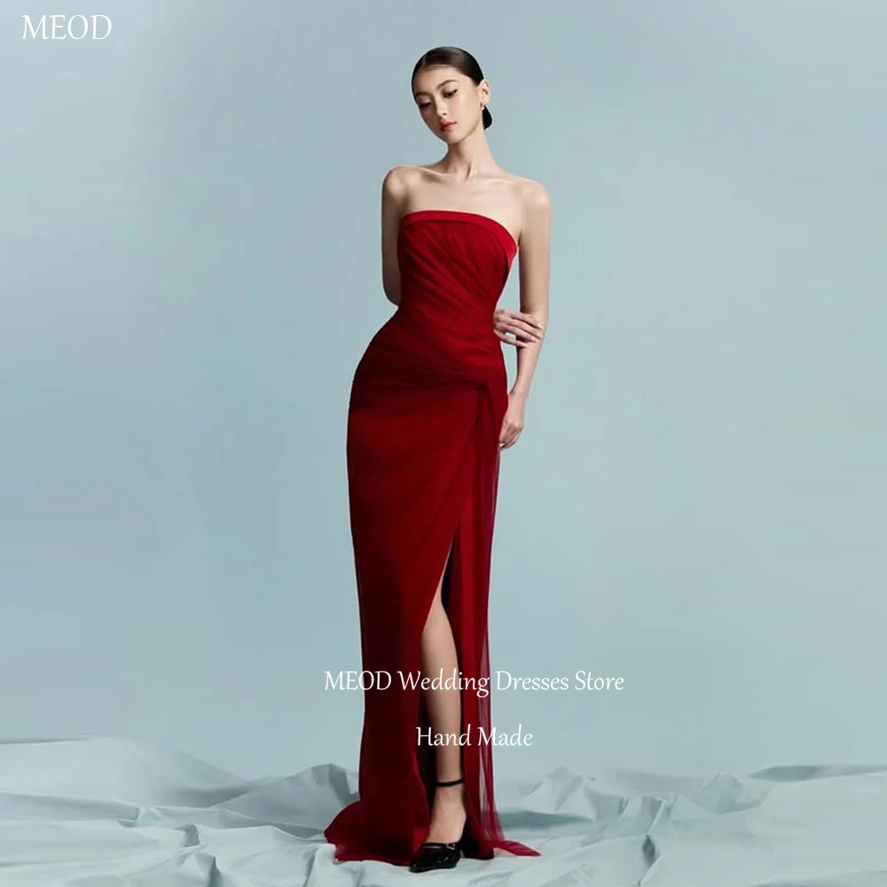 

MEOD Burgundy Chiffon Evening Dress Strapless High Slit Formal Prom Gown Sleeveless Floor Length Modern Party Attire Customized