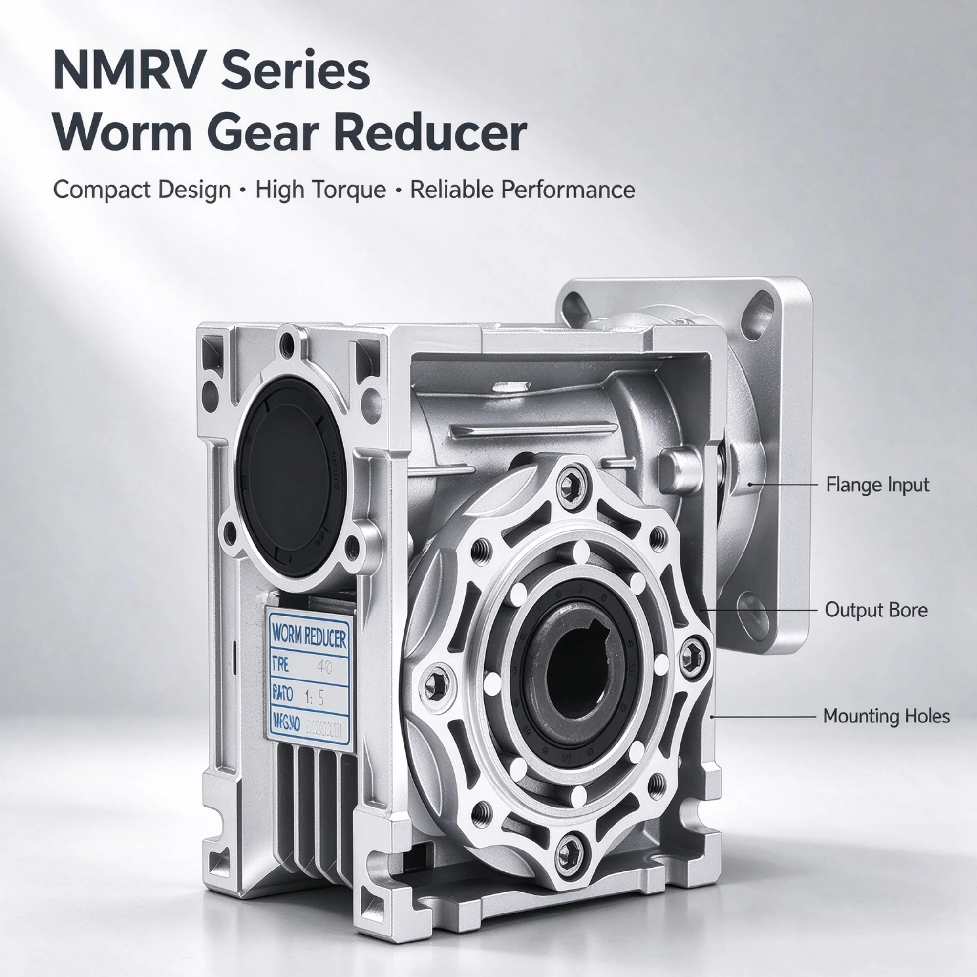 NMRV030 High Torque Worm Gear Reducer, Ratio 5:1~80:1, Input 11mm Output 14mm, 57mm/90mm Flange for NEMA23 NEMA34 DC Motor