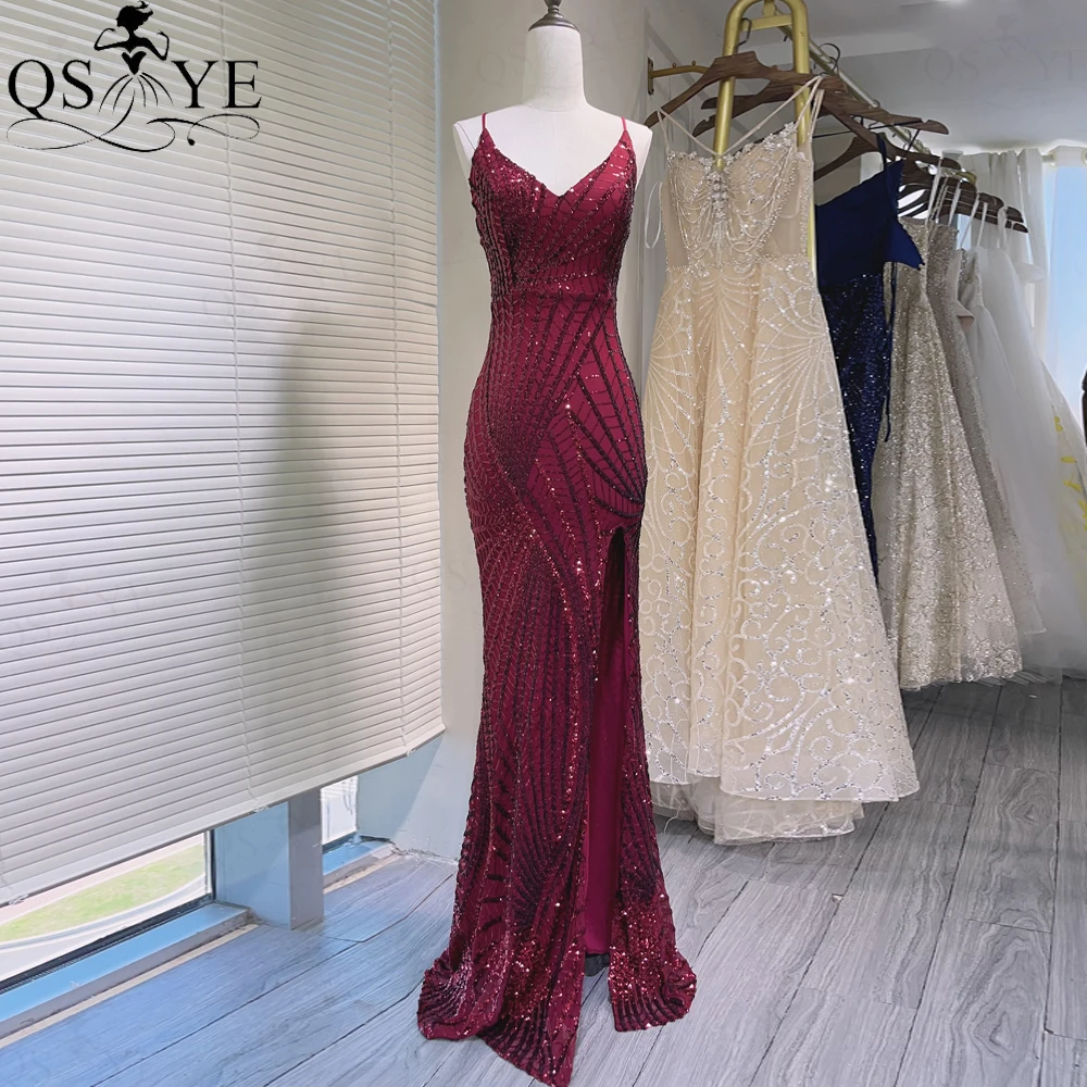 

Sexy V neck Burgundy Evening Dresses Halter Straps Sequin Prom Gown Pattern Lace Open Low Back Women Front Slit Girl Party Dress