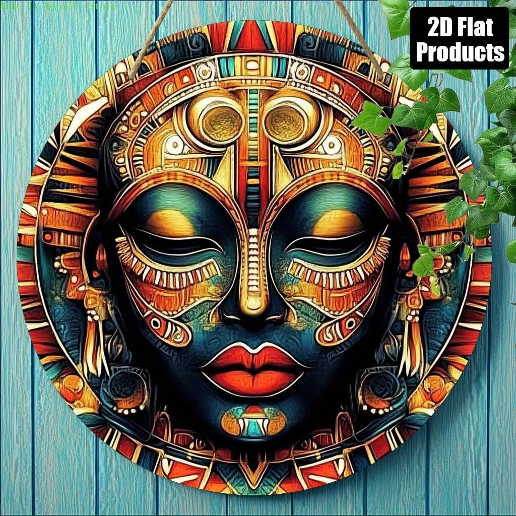 2D Flache Bunte Stammesmaske mit Geometrischen Mustern Rundes Blechschild Vintage Metall-Wandkunst für Zuhause, Ethnisch, Afrikanisch Inspiriert