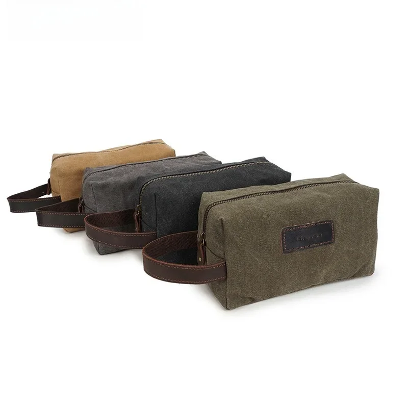 Men's Clutch Bag Wash Water Canvas Wash Bag, Retro Clutch Bag First Layer Cowhide Wrist Bag
