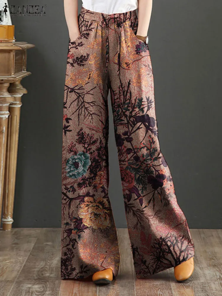 ZANZEA Women Vintage Floral Printed Wide Leg Pants Autumn Trousers Casual Elastic Waist Loose Palazzo Bohemian Holiday Pantalon