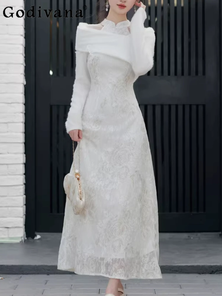 

Autumn Winter New Chinese Daily Long Sleeve Cheongsam Dress Women Beige Apricot High Waiste Slim Versatile Elegant Dresses