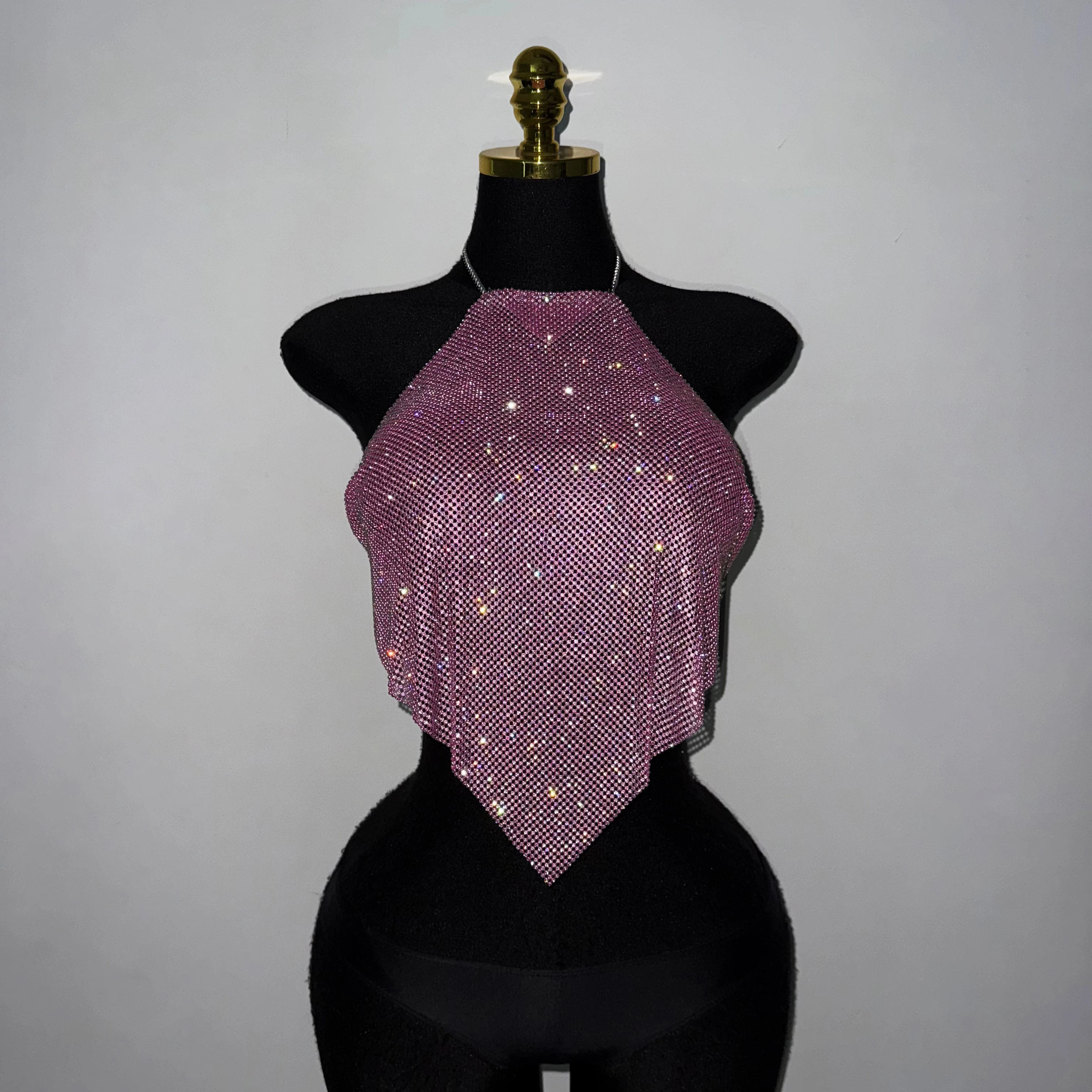 Sexy Pink Rhinestone Halter Crop Top Women Sparkle Crystal Mesh Backless Party Club Rave Outfit Festival Nightclub Birthday Wear
