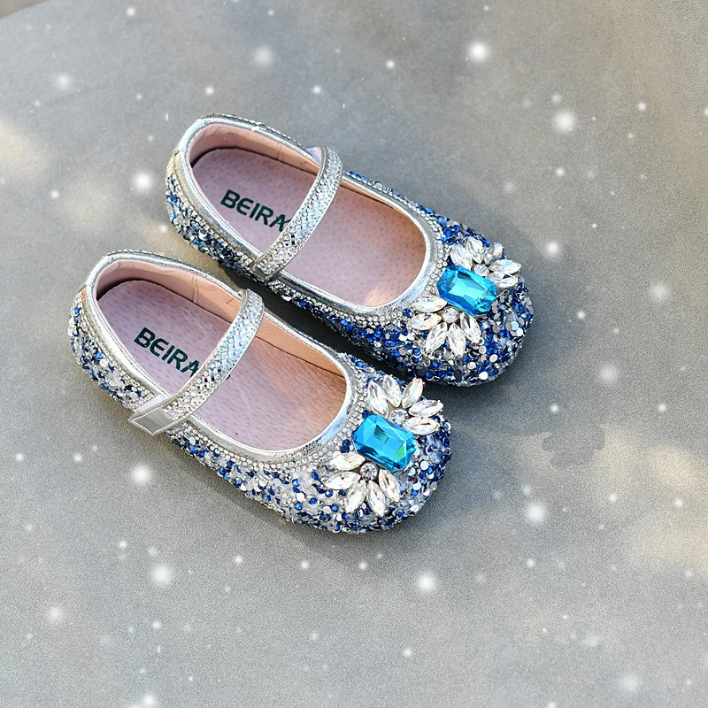 Sweet Fashion Girls Casual Shoes Beautifully Blue Crystal Sequins Rhinestones Baby Kids party Choes Ice Princess Flats