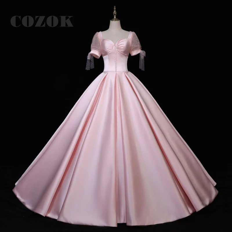 Satin Short Sleeve Simple Quinceanera Dresses Sweetheart Neck Floor Length Classic Button Ball Gown Custom ZY47