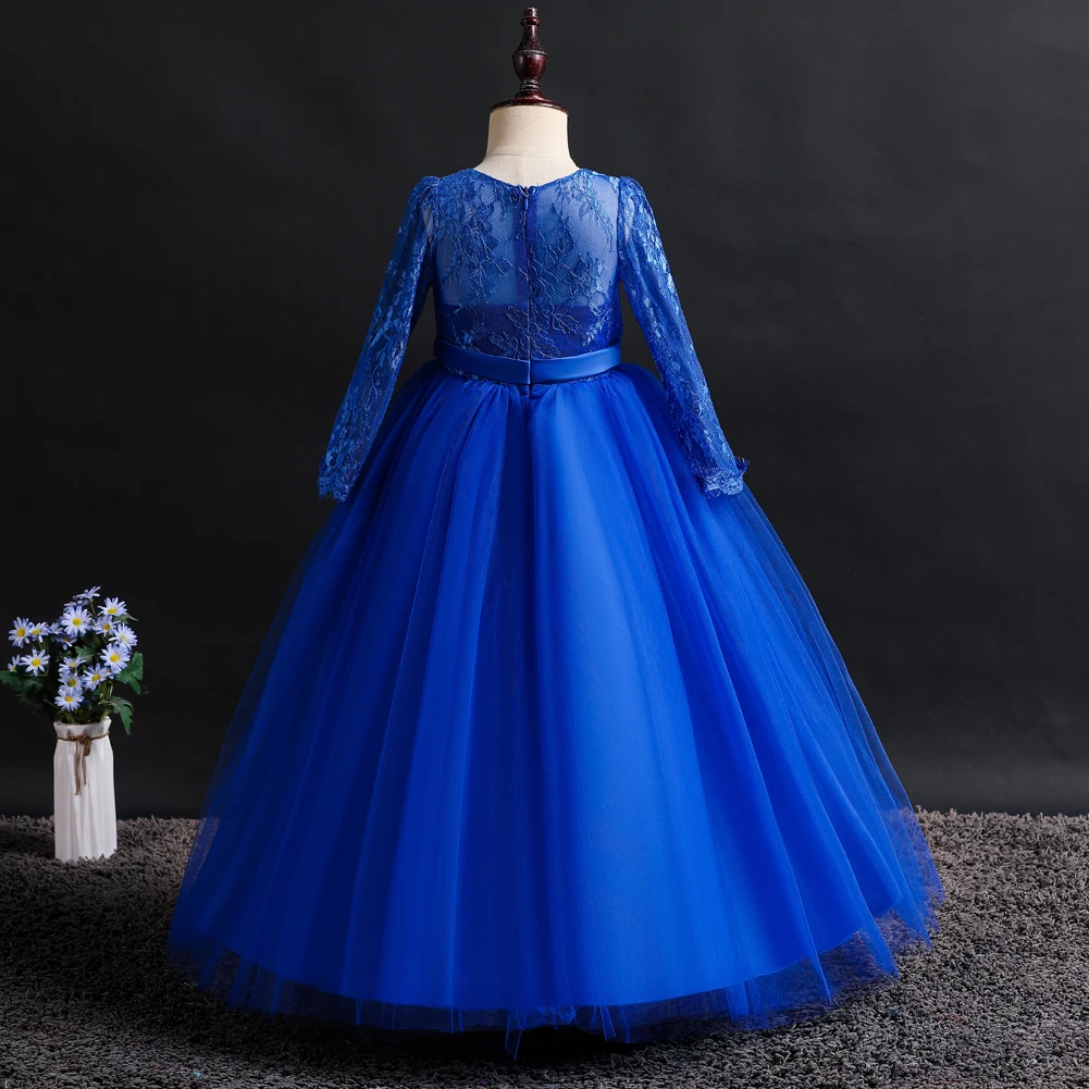 Blue European and American best-selling children\'s bridesmaid dress lace long sleeved large skirt, flower girl princess dress