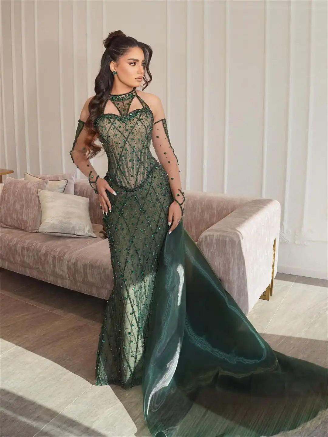 

New Design Luxury Crystal Beading Evening Dress O Neck Sexy Illusion Mermaid Dress With Train Prom Formal Party Wedding Dress