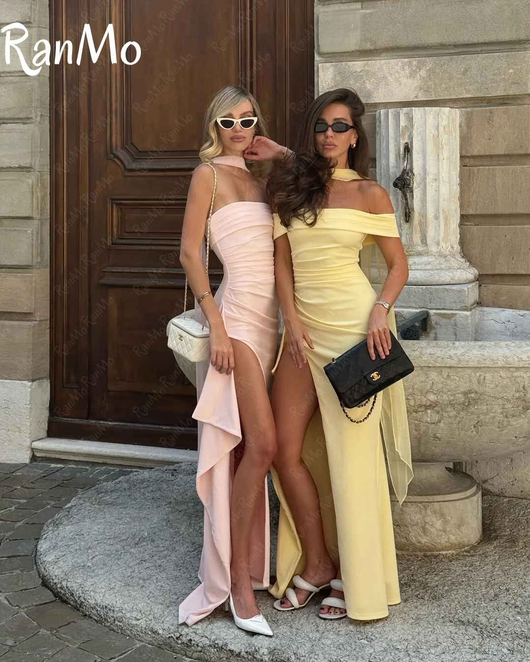 Ranmo Abito da sera elegante a sirena personalizzato Sciarpa con spalle scoperte Senza maniche Forcella laterale Abiti da occasione su misura Abiti da celebrità