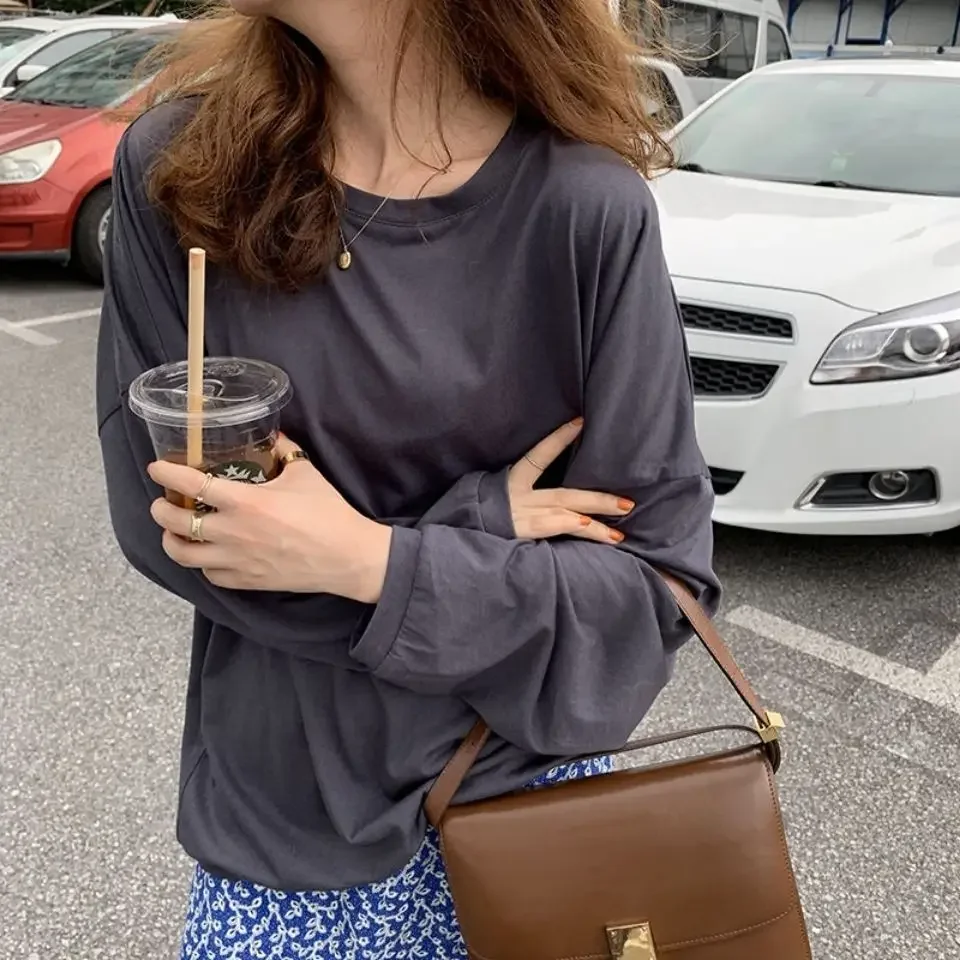 

Long Sleeve T-shirts Women Spring 5 Colors Solid Simple Loose O-neck Colorful Streetwear Basic Daily Students Ins Fashion Chic