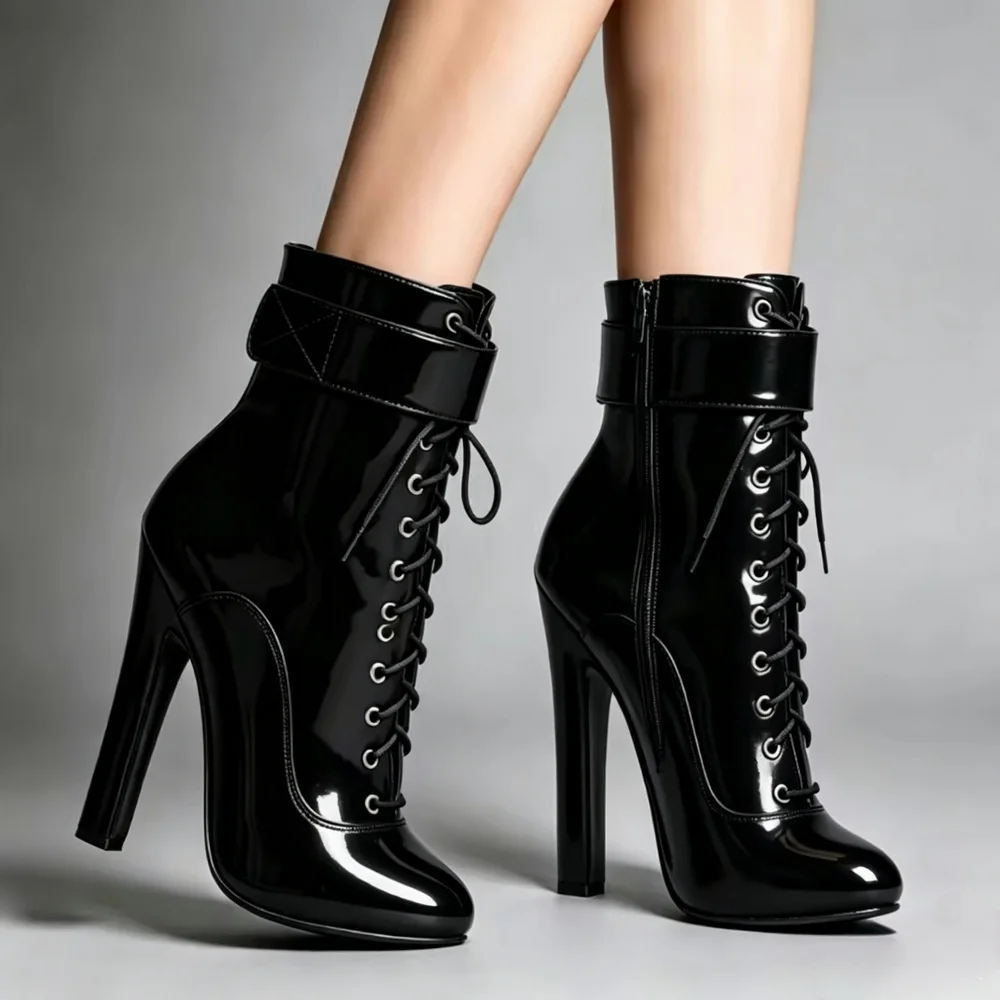 15CM Square High Heels Short Boots,Crossdresser Bed Cosplay Shoes,Ankle Botas,Side Zip,Front Lace,Round Toe,Black,Custom Colors