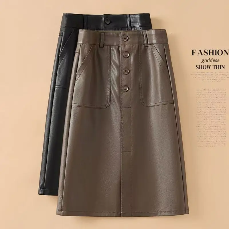 

Autumn/Winter PU Leather Skirt Women Fashion High Waist Pocket Single breasted Fashion OL Work Midi Long Skirt