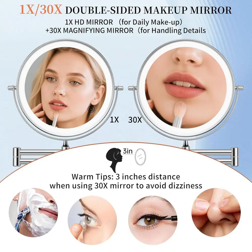 10 Dual-Sided LED Lighted Makeup Mirror, 4500mAh Rechargeable, 3 Color Modes, Touch-Dimmable, Extendable Arm, Chrome Finish