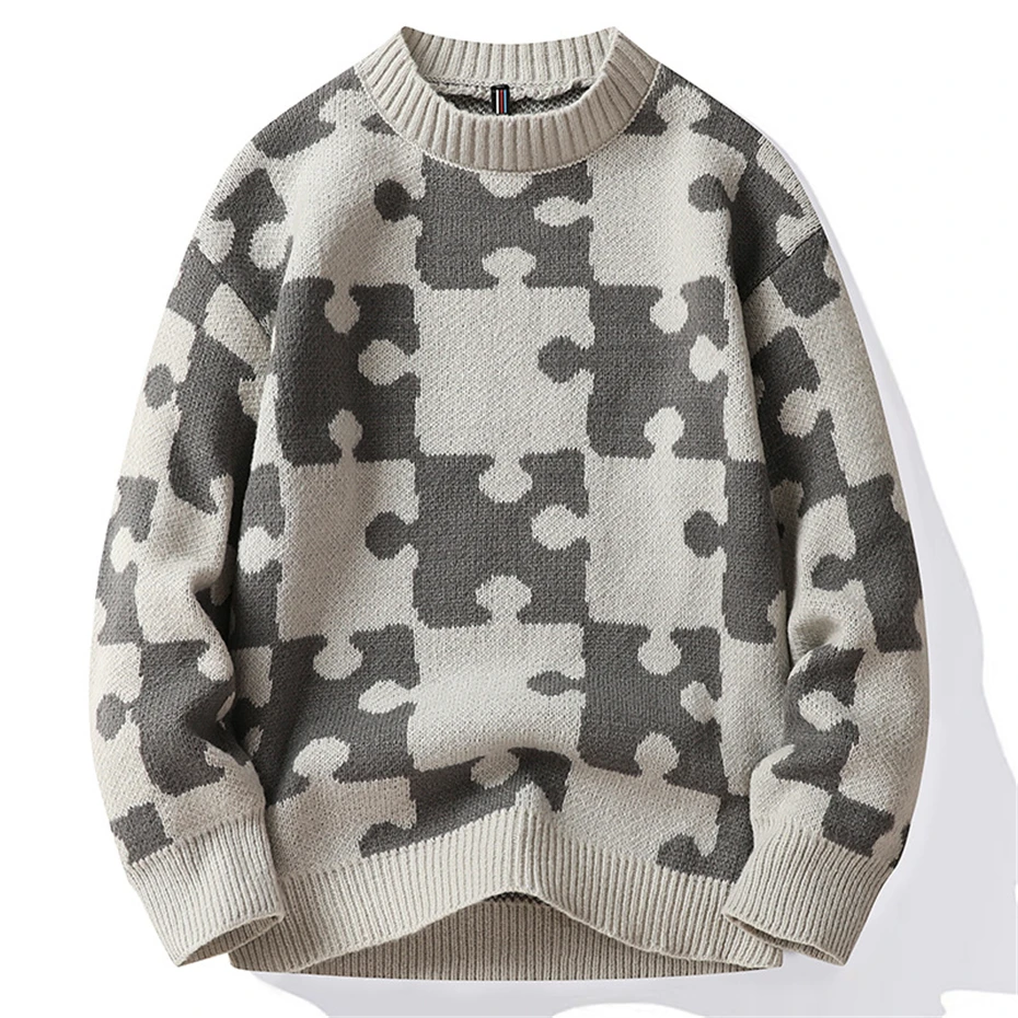 

Puzzle Knitted Sweater Men Autumn Winter Sweater Pullover Male Hip Hop Streetwear Puzzle Jumper Harajuku