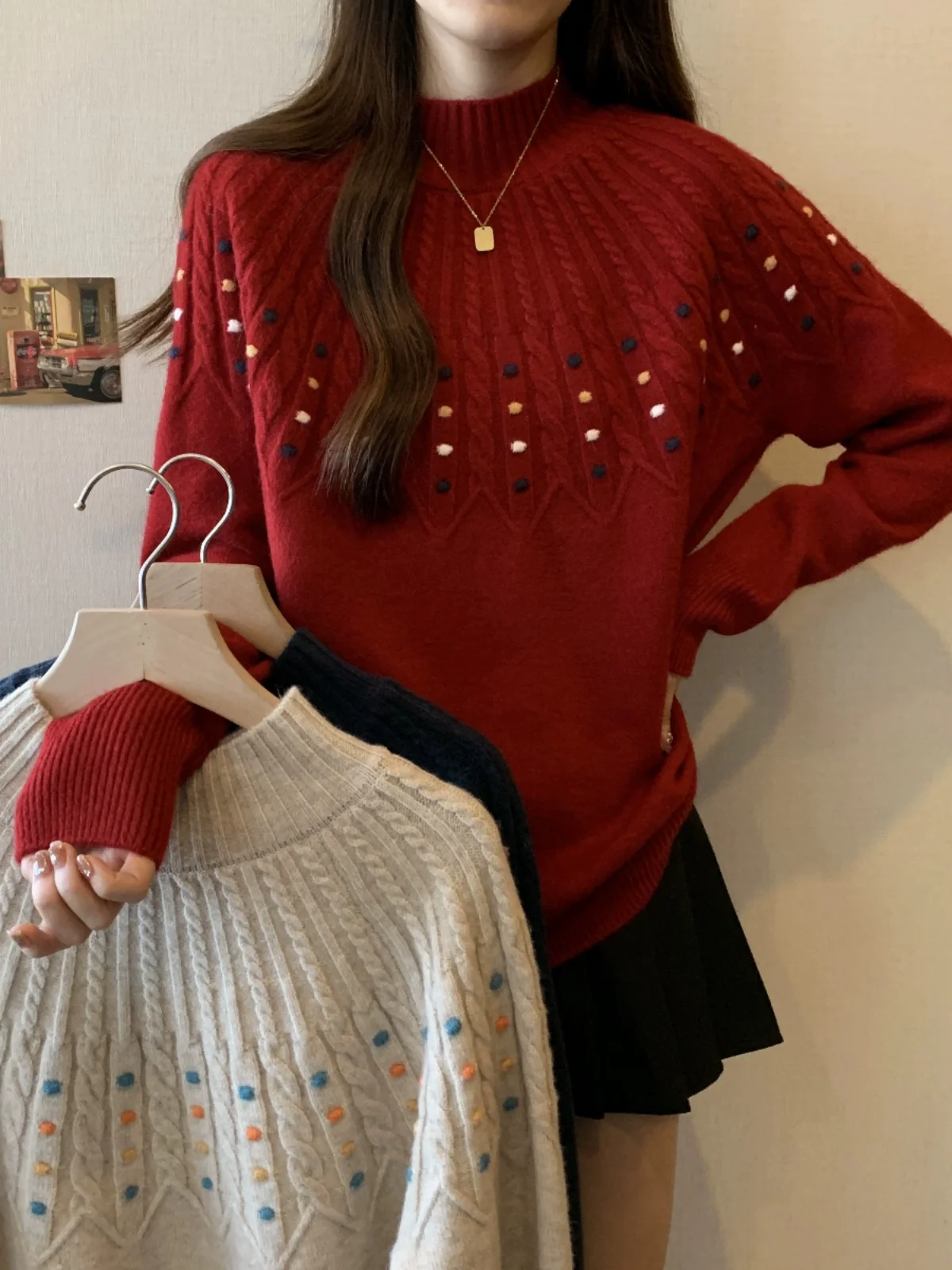 Red Knitted Sweater for Women Autumn Winter plus Size Slimming Base Layer Top Chinese New Year Luy Year Faionable Top