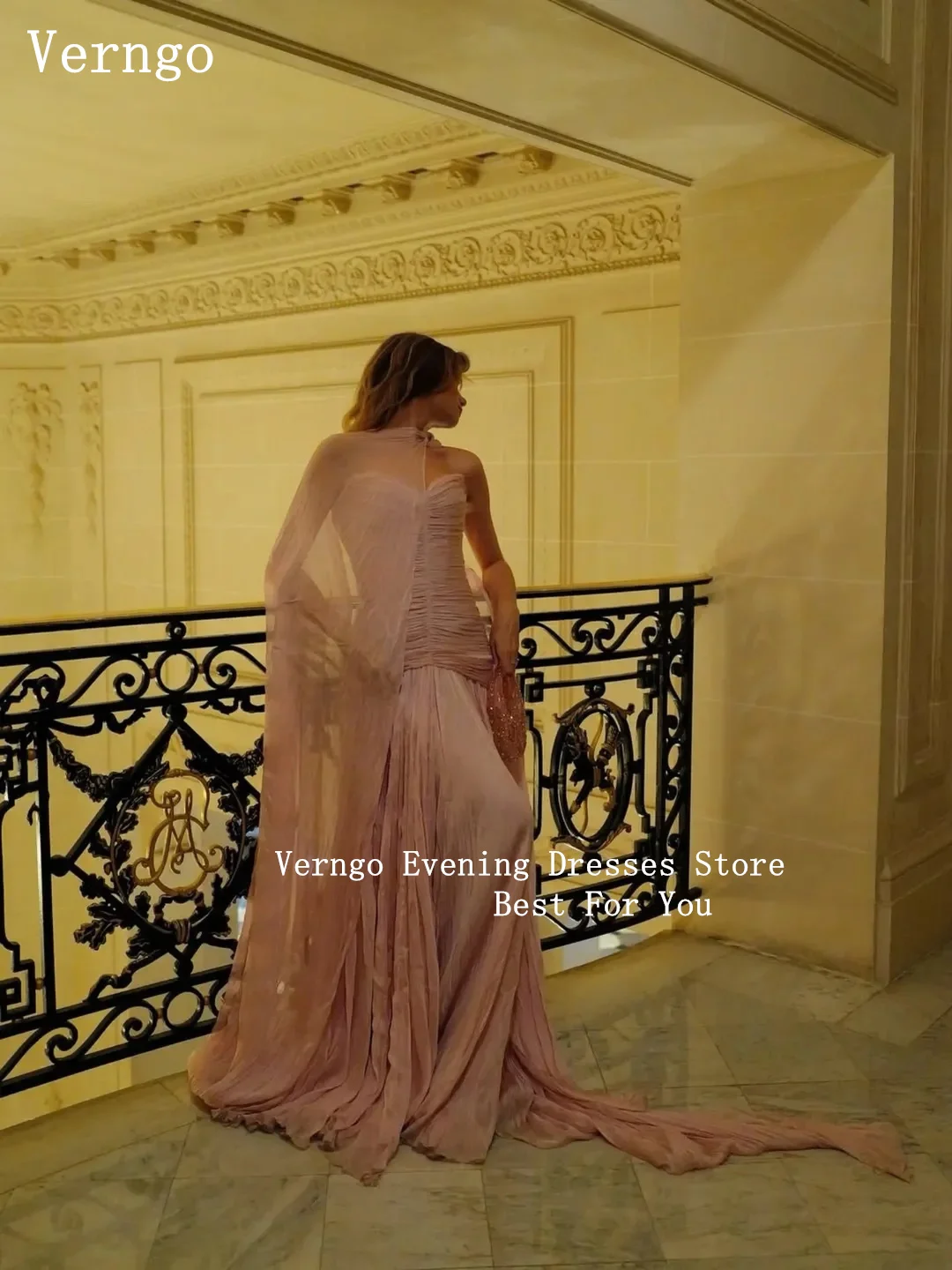 เวิร์นโก ชุดราตรีผ้าซาตินสีชมพูเงา ทรงเอไลน์ พร้อมผ้าคลุมไหล่ สำหรับงานพิธีการ งานเลี้ยง งานพรอม สไตล์อาหรับ หรูหรา สามารถสั่งตัดได้