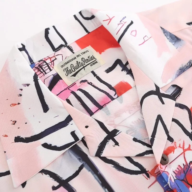 WACKO MARIA Pink High Quality Graffiti Hawaii Japanese Tide Fashion Turtleneck Summer Vintage Graffiti Short Sleeve Shirt