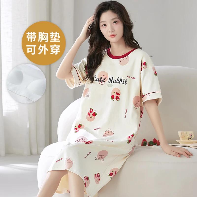 Women's pyjamas summer short-sleeved nightgown cartoon cute loose plus size dress can go out wearing homewear young girls clothe