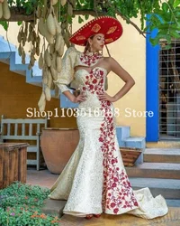 Mexican Champagne Prom Dress Luxurious One Shoulder Long Sleeve Sheath Floral Embroidered Mermaid Skinny Long vestidos de novia