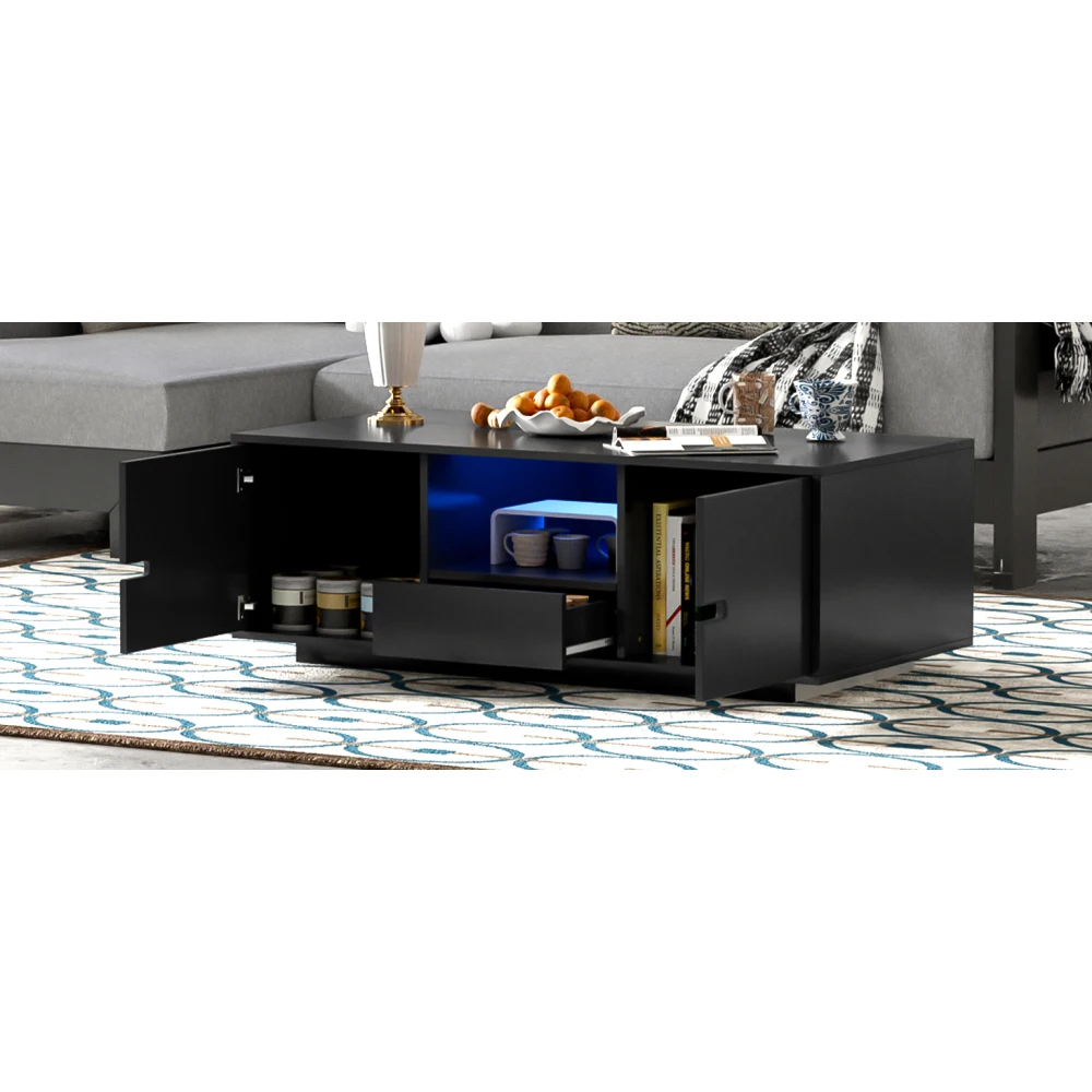 U-Can Modern High Glossy Rectangle Coffee Table Stylish Center Table with Storage Space Accent Furniture 16 Color LED Lights