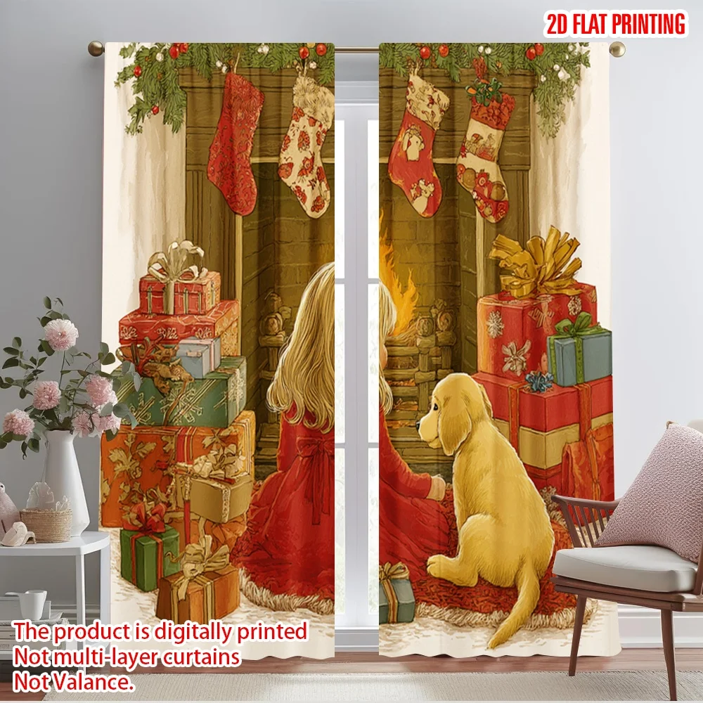 2pcs,2D plane printing Curtains Roller Blinds Cozy Fireplace Scene with in Red & Dog 100% Polyester (without rod) Decorations