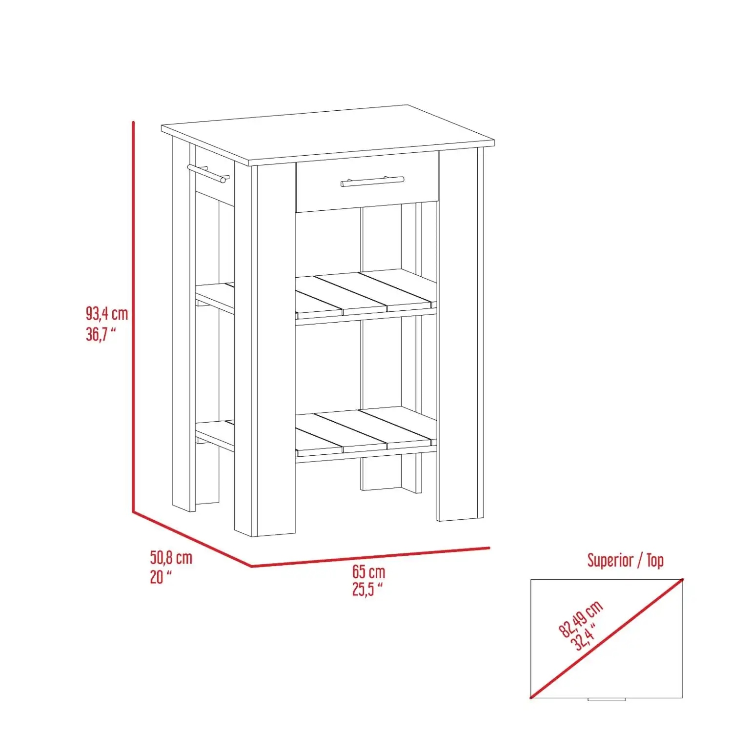 Cala Kitchen Island 23 with 3-Tier Shelf and Drawer and Towel Rack Black / Light Oak