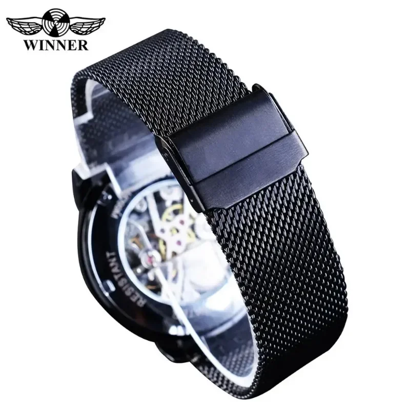 Winner Watch Men Simple Slim Thin Watches Luxury Gold Stainless Steel Mesh Band Auto Mechanical Wristwatches Men Reloj Hombre