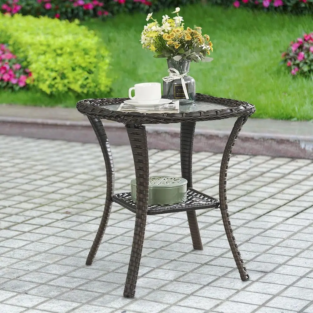 Two-Tier Wicker Outdoor Side Table with 5mm Thick Glass Top, Brown Square Bistro Style