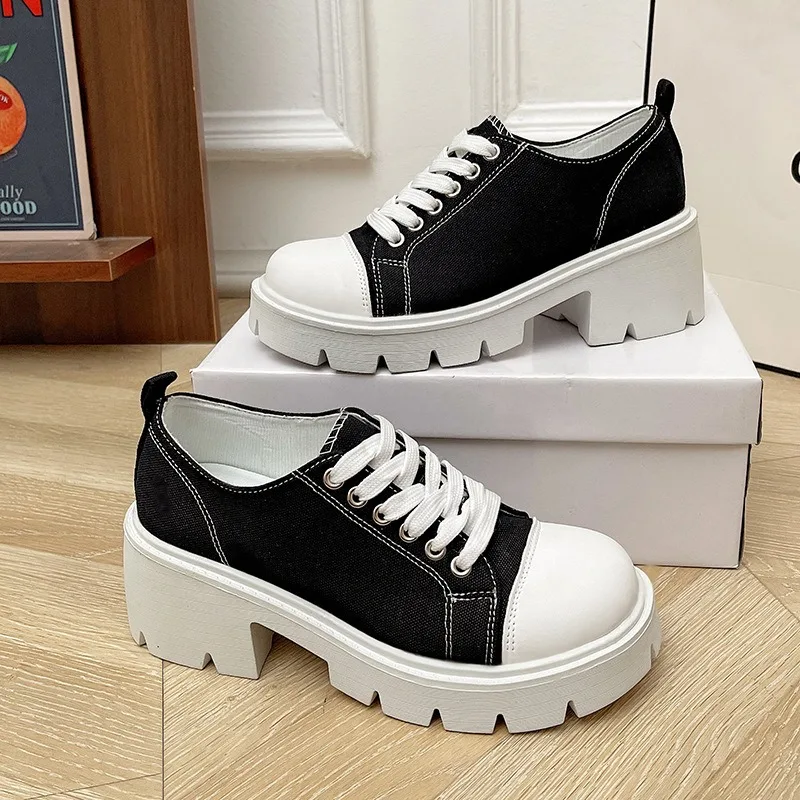 Women's Platform Clunky Sneakers Fashion Thick-soled Chunky Heels Canvas Shoes Female Spring Autumn Fabric Casual Sports Shoes