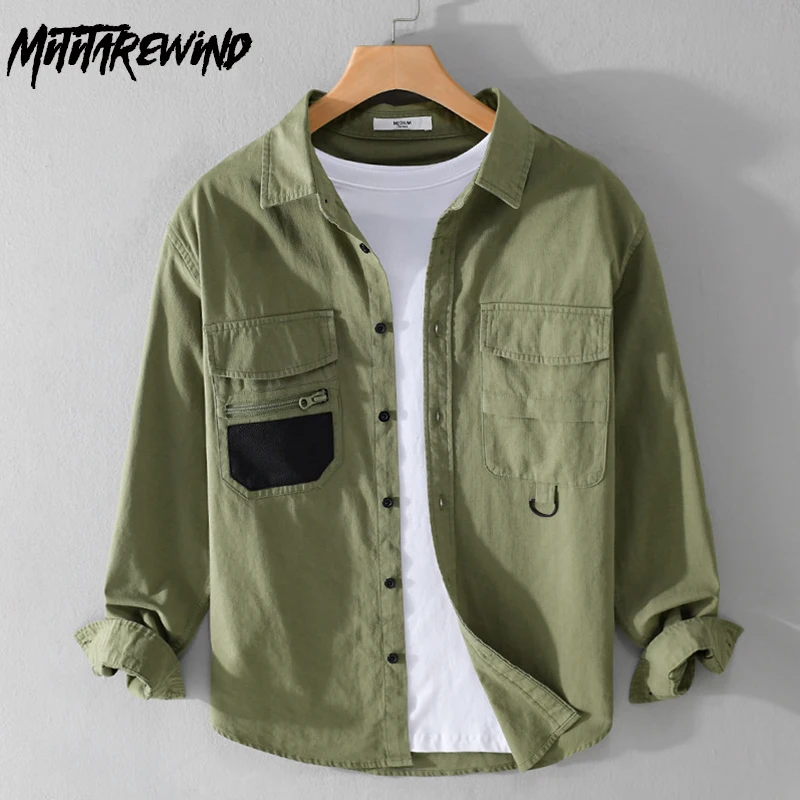 

American Style Cargo Shirt Men Spring New Casual Long Sleeves Shirts Cotton Green Shirt with Pockets Fashion Men's Shirts Youth