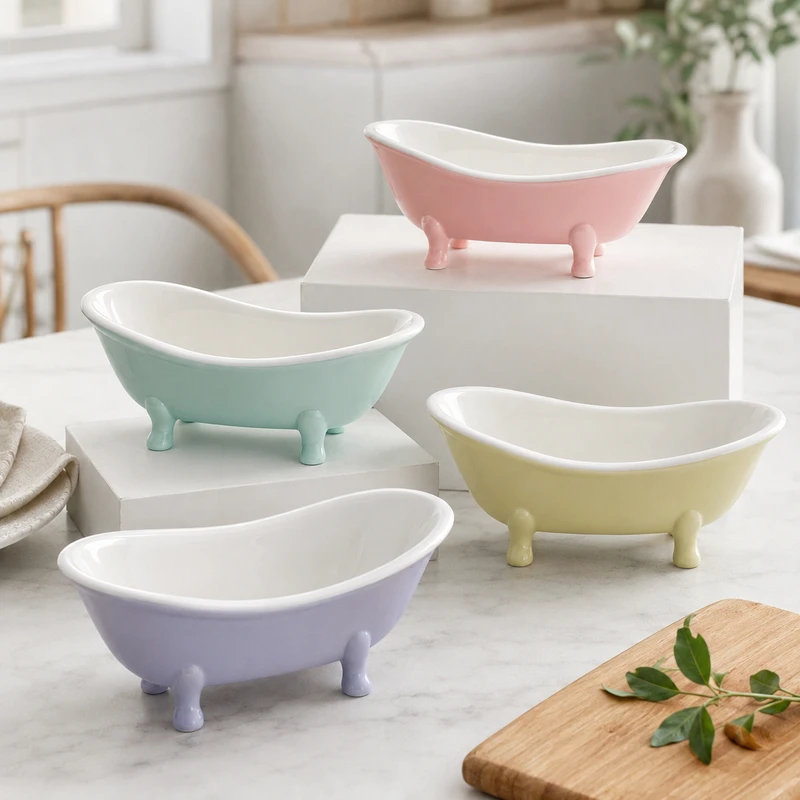 Macaron Colo Ceramic Bathtub Bowl Dessert Fruit Yogurt Snack Serving Dish SetCute Kitchen Tableware for Ice Cream Cereal Pudding