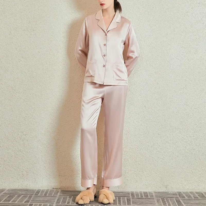 

Autumn 22MM 100% Mulberry Silk Two-piece Pijamas Set Turn-down Collar Casual Sleepwear Pajamas Suit Lapel Cardigan Trousers PJS