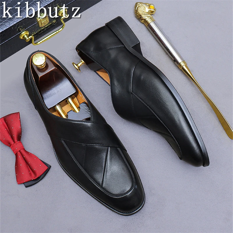 

British Retro Business Formal Shoes Men Cowhide Leather Slip On Loafers Male Office Work Party Wedding Flat Shoes