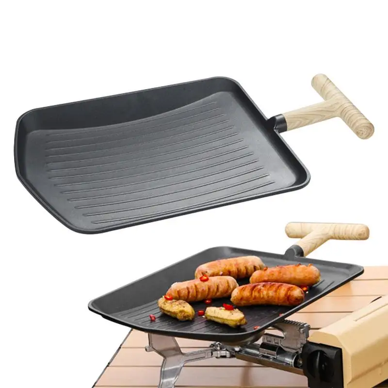 

Picnic Barbecue Plate Shovel Shape Rectangular Griddle Pan Skillet With Wooden Handle Camping BBQ Non-Stick Stone Grilling Pan