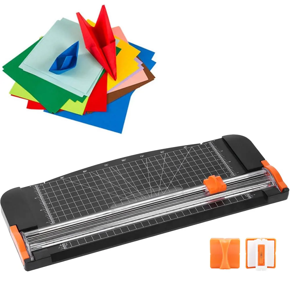 12-inch paper cutter with a slide rail design, equipped with a safety blade and folding ruler, suitable for A4 size paper.