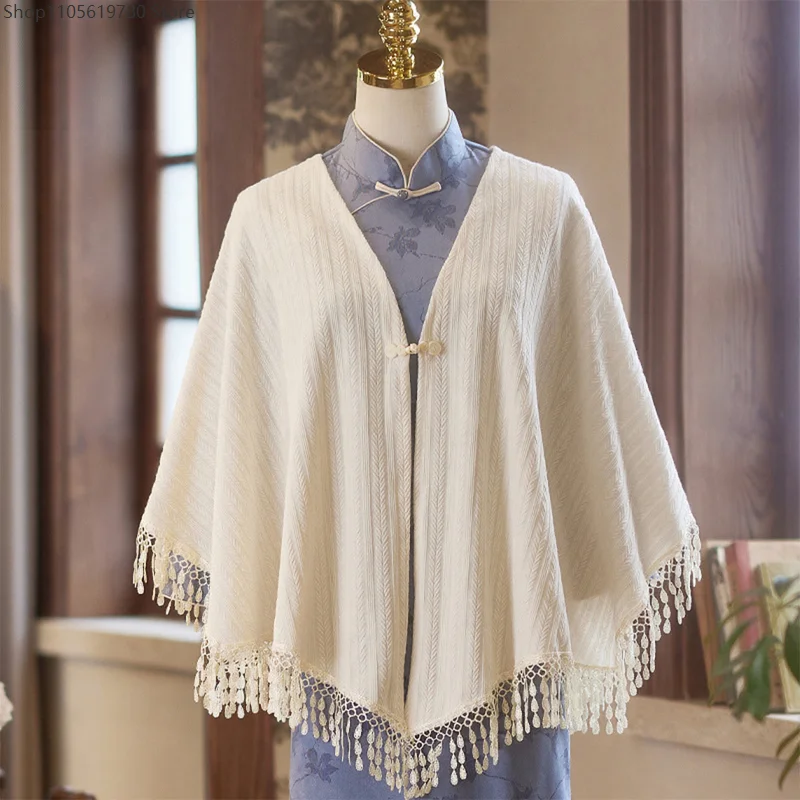 Women Spring Autumn Thin Knitted Shawl Tassel Decor Scarf Cardigan Cheongsam Wraps Fashionable Lady Shawl Daily Cosplay Outfit