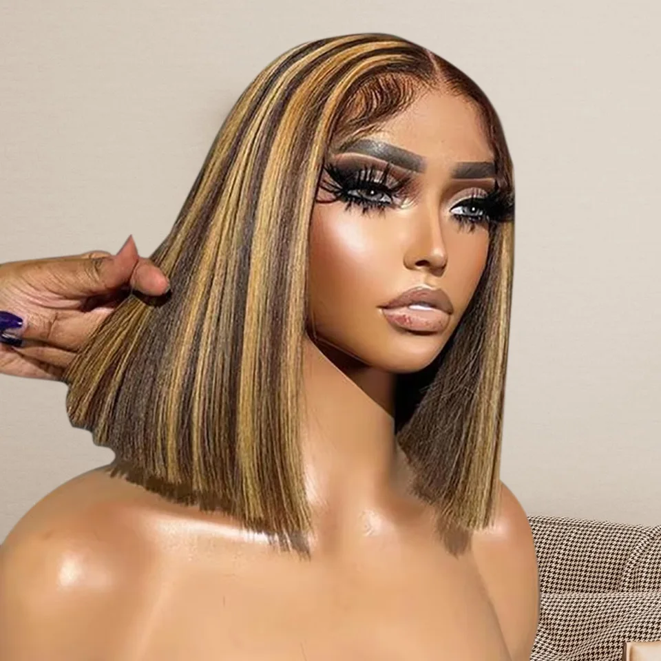 

4/27 Highlight Brown Blonde Bob Wigs 200%Density 13x4 Straight HD Lace Front Wig Human Hair Frontal Bob Wig Human Hair 100%