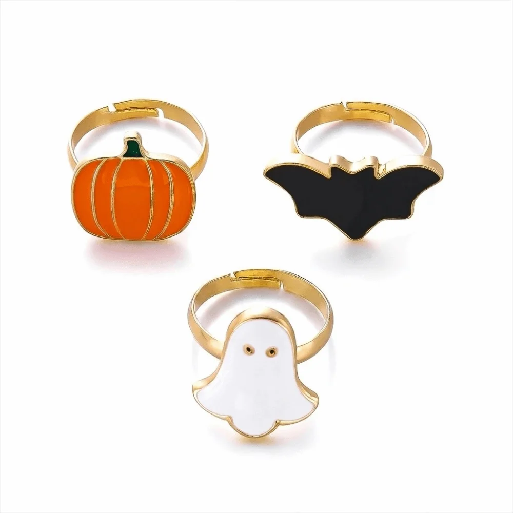 Simple Enamel Halloween Necklace Set Metal Chain Ghost Pendant Jewelry Finger Ring Earrings Halloween Jewelry Set Trick or Treat