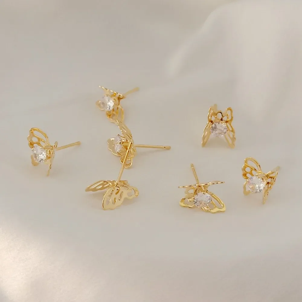 

14K Gold-plated, Zircon Inlaid, Hollowed-out Butterfly Earrings with Pendant Rings, DIY Handmade Jewelry Accessory Materials