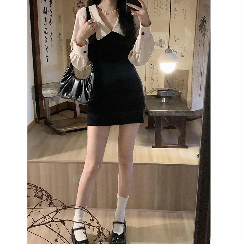 Spring Autumn Preppy Style Polo-neck Patchwork Bodycon Robe Femme Long Sleeve Elegant Fashion Mini Dress Ladies Sweet Vestidos