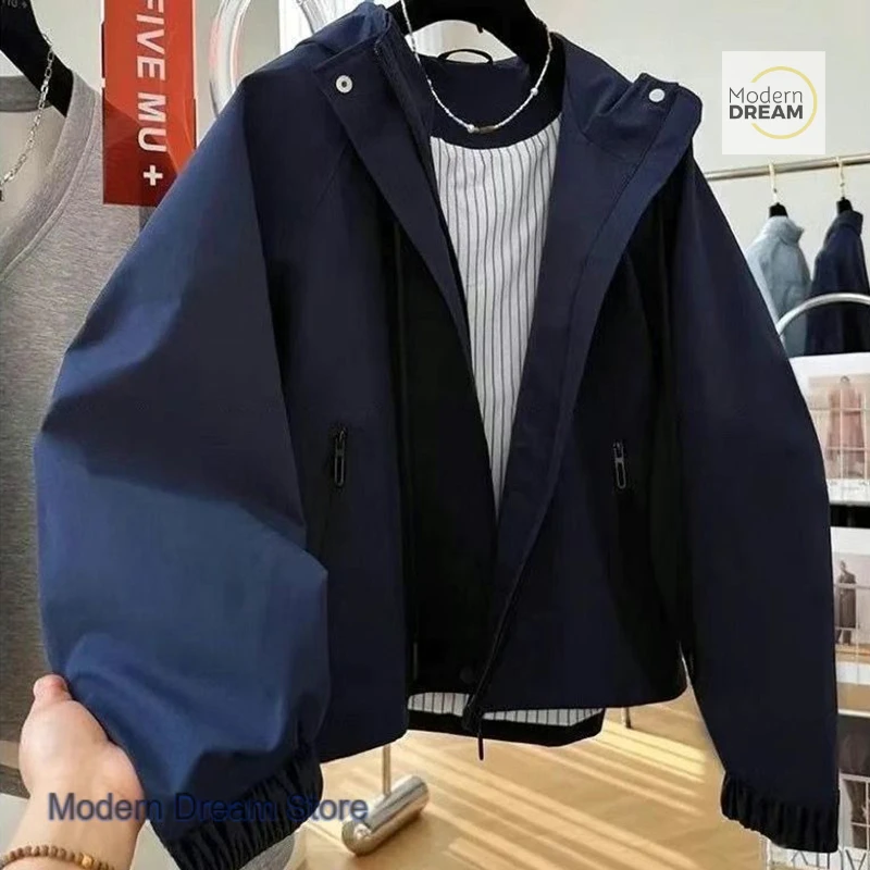 

French style solid color design casual hooded women spring and autumn new fashion temperament high sense Joker jacket coat.