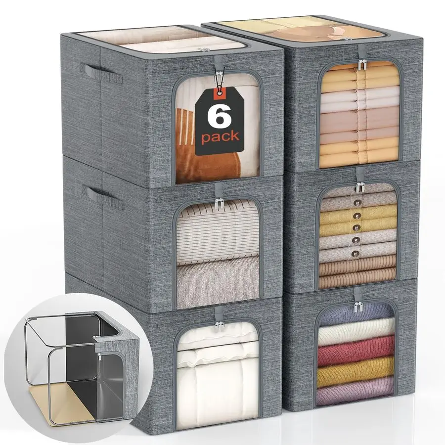 

Clothes Storage Bin with Metal Frame 6Pack Stackable Closet Storage Bin with Lid amp Clear Window, Sweater Boxes Storage for Clo