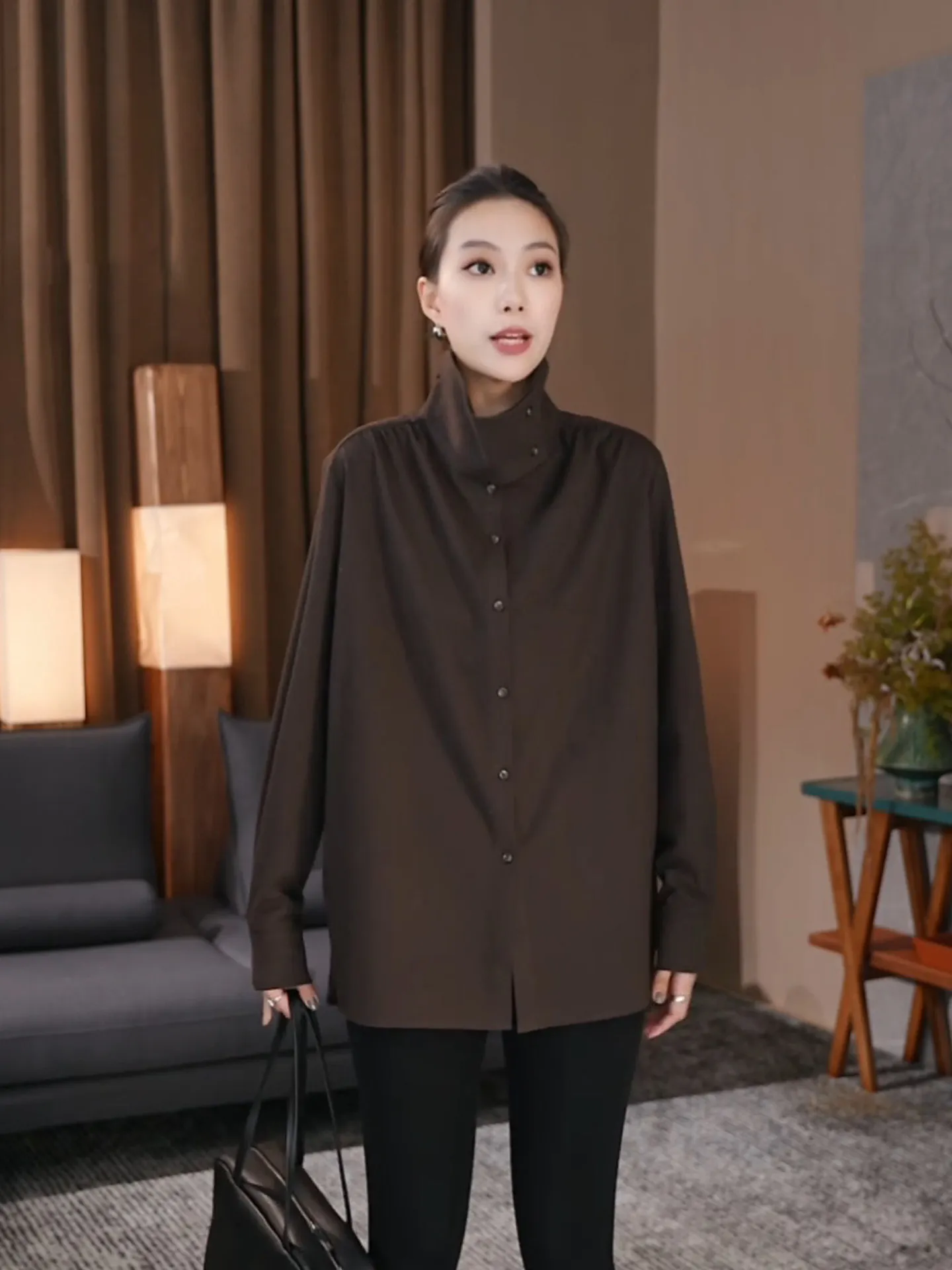 

Women's Stand Collar Knitted irt Coffee Splicing Design Winter New Sle Breathable Loose Fit Long Sve Casual Outerwear