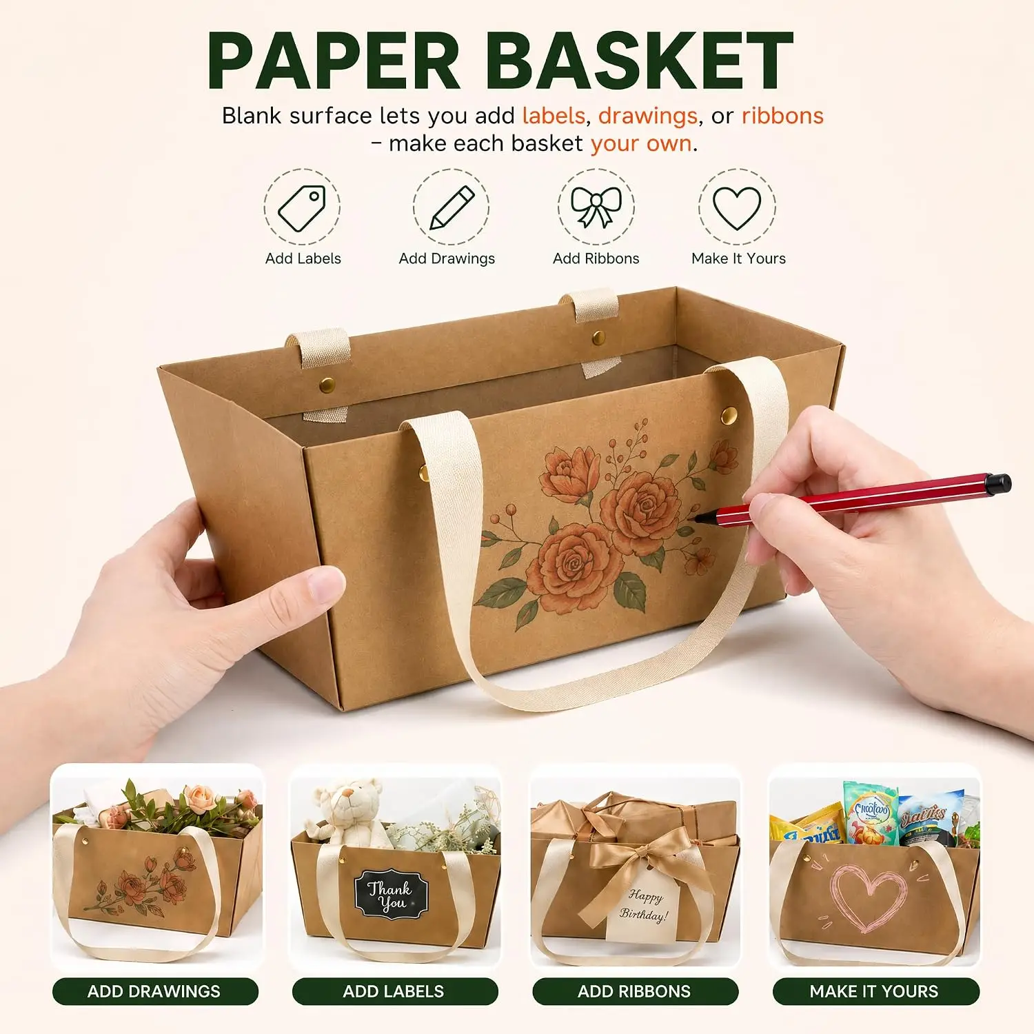 DIY Kraft Cardboard Basket with Handle Gift Packaging Container for Christmas Thanksgiving Wedding Valentine's Party Decorations