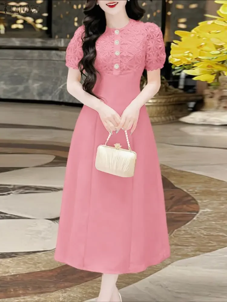 Elegant Party Dress ZANZEA Women Stylish Lace Patchwork Dresses 2026 Summer Short Puff Sleeve Work Sundress High Waist Midi Robe