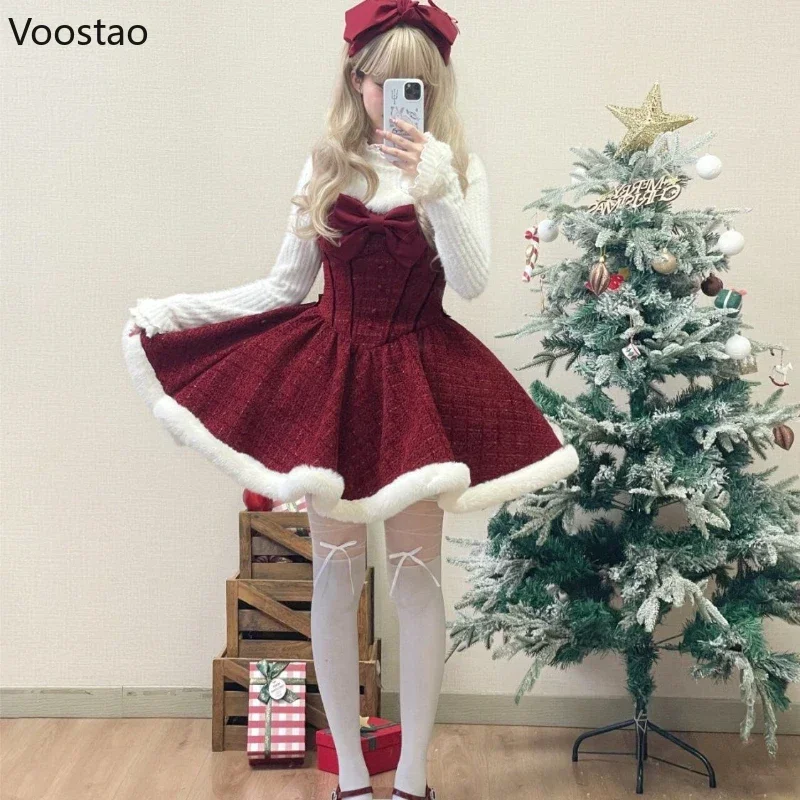 Sweet Lolita Style Dress Sets Women Elegant Bow Plush Shawl Short Jackets Mini Skirts Suit Kawaii Christmas New Year 3 Piece Set