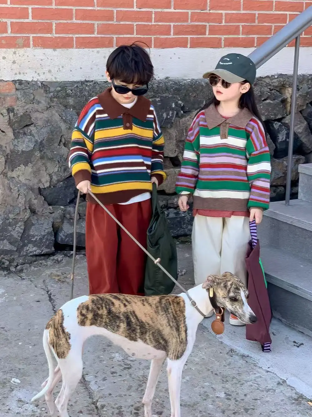 Children's Sweater 2025 Spring Boys Girls Korean Lapel Striped Knitted Top Children's Foreign Style Knitted Rainbow Coat 90-150c