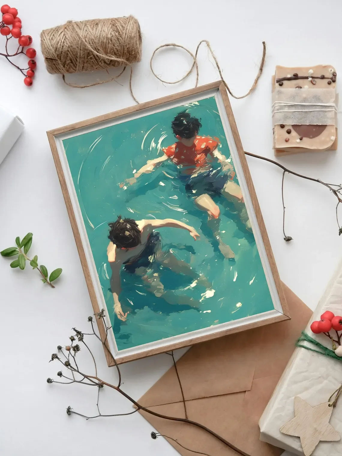 Nostalgische Sommer-Pool-Wandkunst – Zeitloser impressionistischer Druck, der die sorgfreie Freude der Kindheit erweckt, mit fließenden Pinselstrichen.