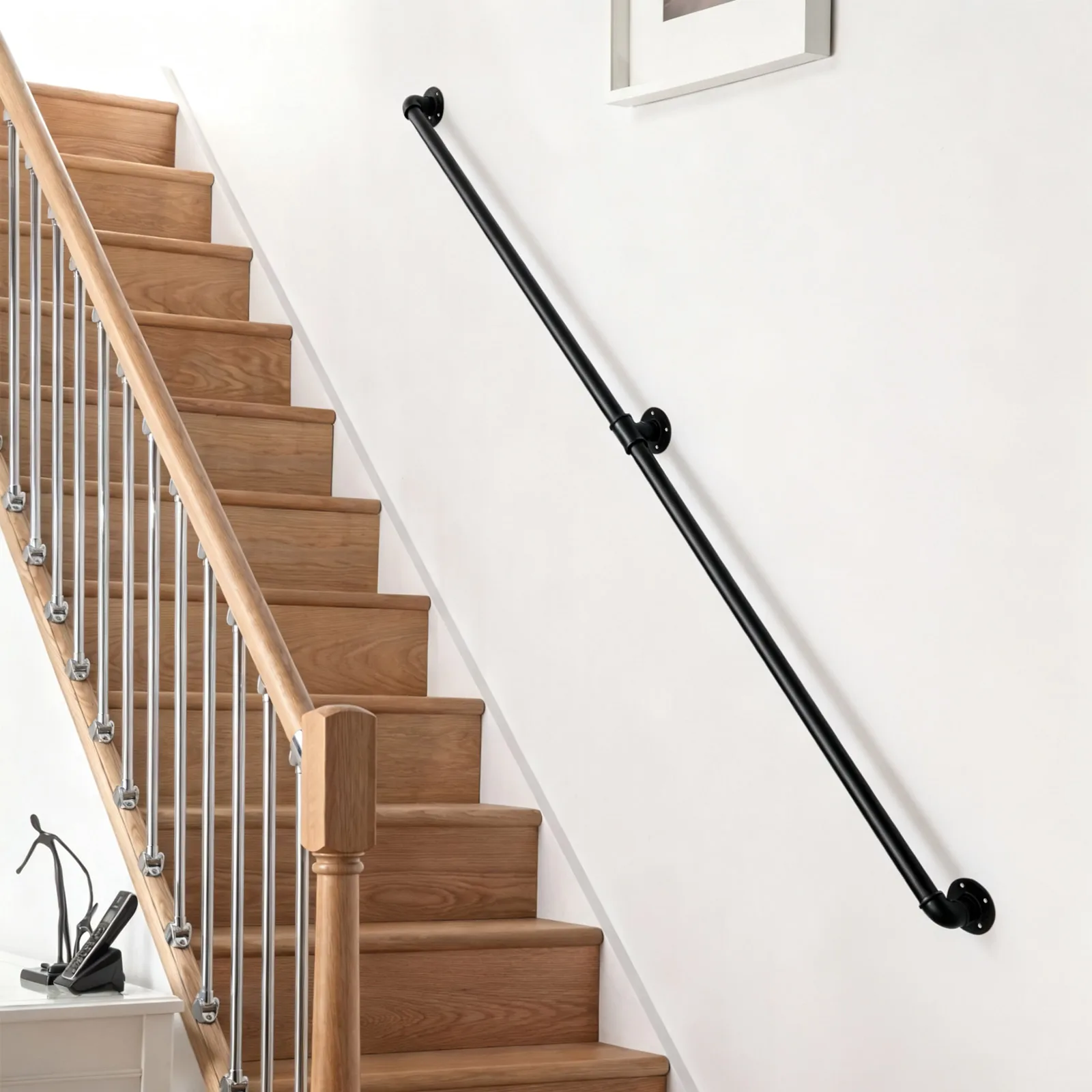 6.6FT Stair Handrail Wall Mount Metal Stair Railing Indoor And Outdoor Non-Slip Industrial Pipe Railing,Black,Round Corner
